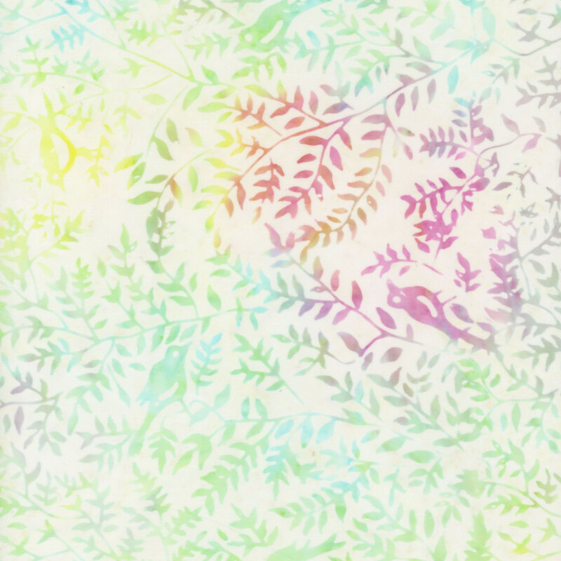 Mottled fabric featuring pastels in yellow, teal, and purple with outlines of leaves and birds.