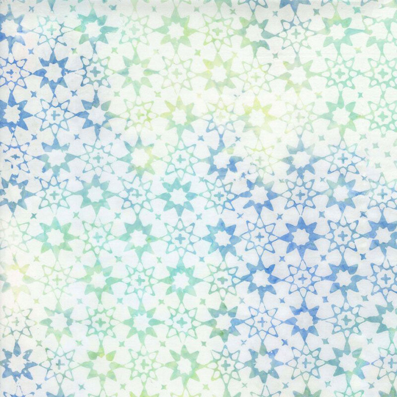 Stamped stars in variegated mottled colors of blue and teal on a white background.