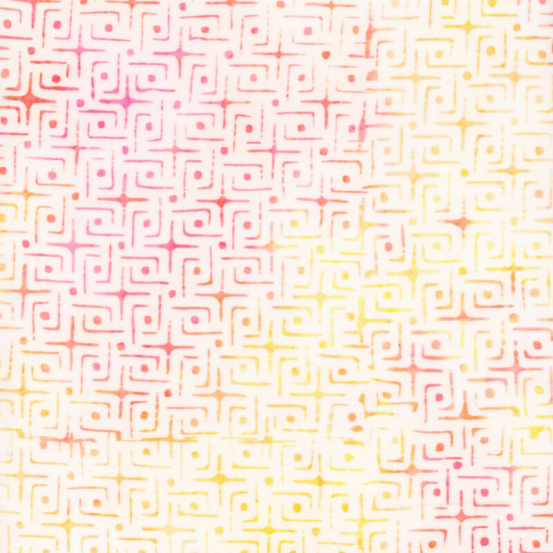 Bright yellow and purple variegated fabric featuring a tight, interlacing geometric design.