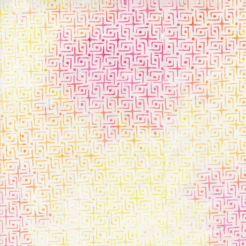 Bright yellow and purple variegated fabric featuring a tight, interlacing geometric design.