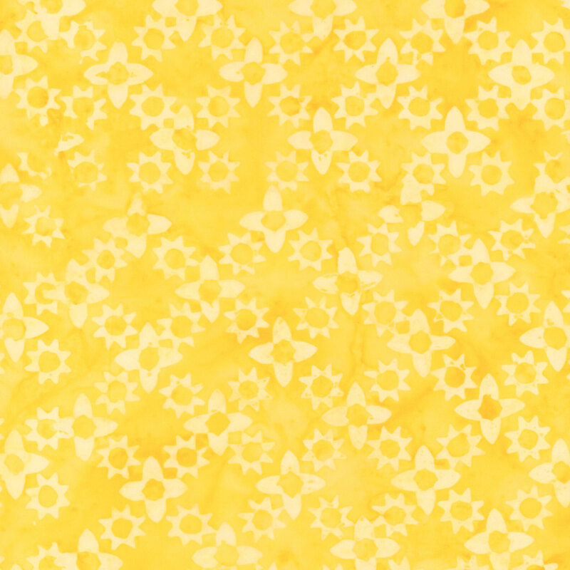 Mottled bright yellow fabric featuring a tonal floral design in cross-hatching diagonal rows.