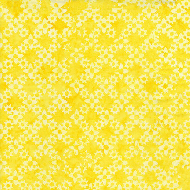 Mottled bright yellow fabric featuring a tonal floral design in cross-hatching diagonal rows.
