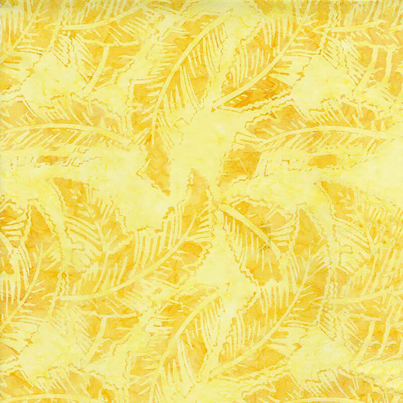 Bright tonal yellow fabric featuring tossed leaves.