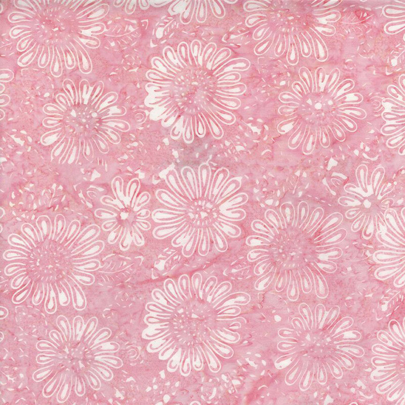 Flowers and leaves outlined in white on a mottled pink background.