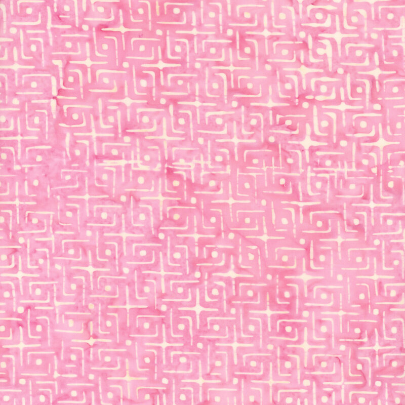 Bright bubblegum pink fabric featuring a tight, interlacing geometric design.