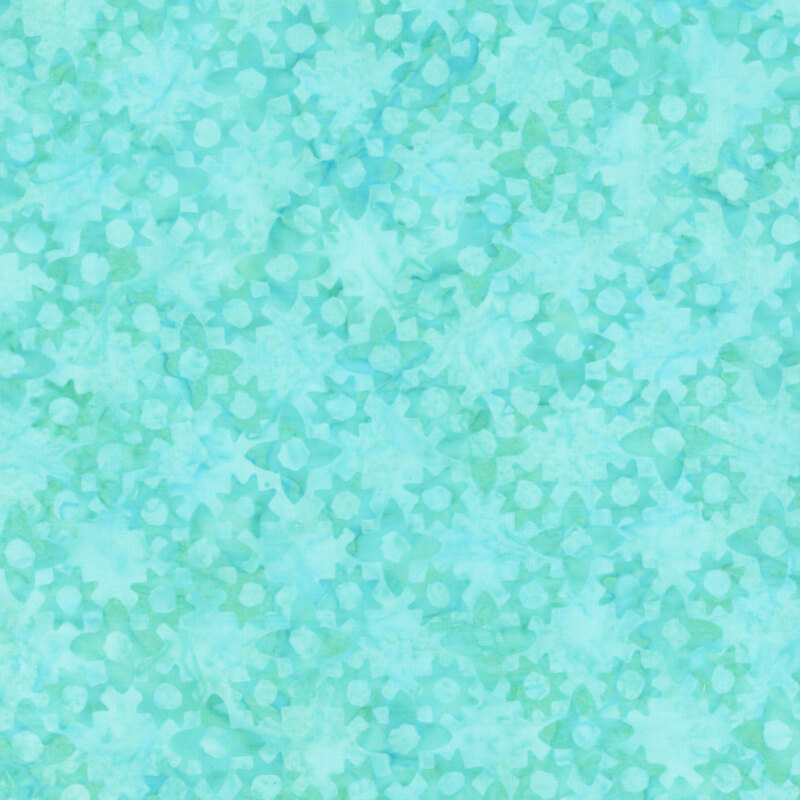 Mottled aqua blue fabric featuring a tonal floral design in cross-hatching diagonal rows.