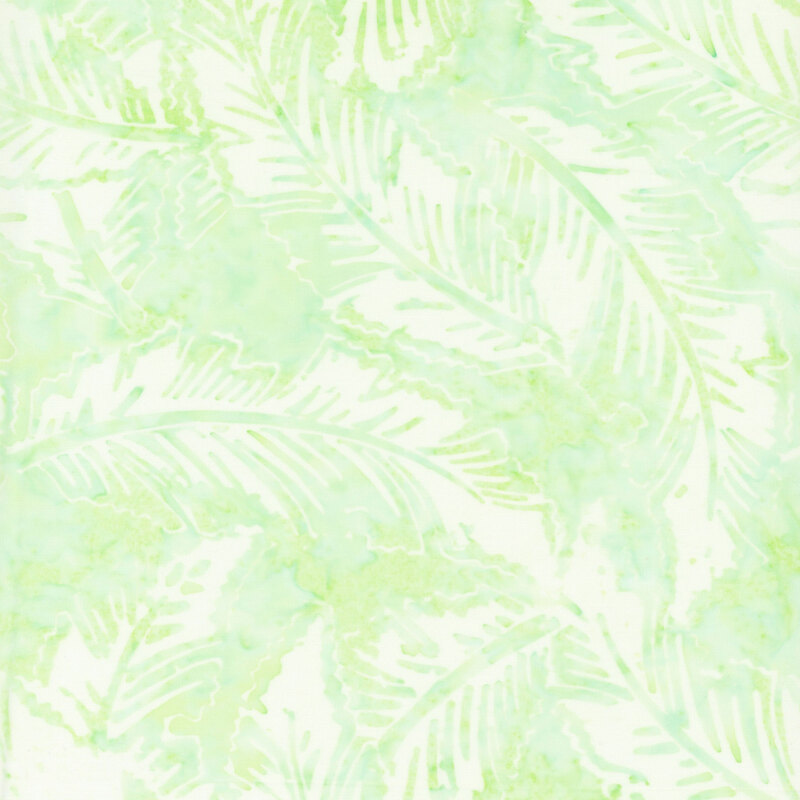 Mottled mint green fabric featuring white leaves.