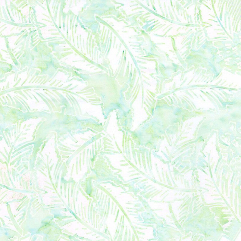 Mottled mint green fabric featuring white leaves.