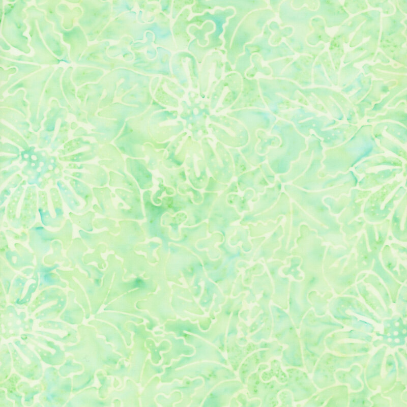 mottled mint green fabric featuring a jumbled assortment of flowers and leaves created with white outlines.