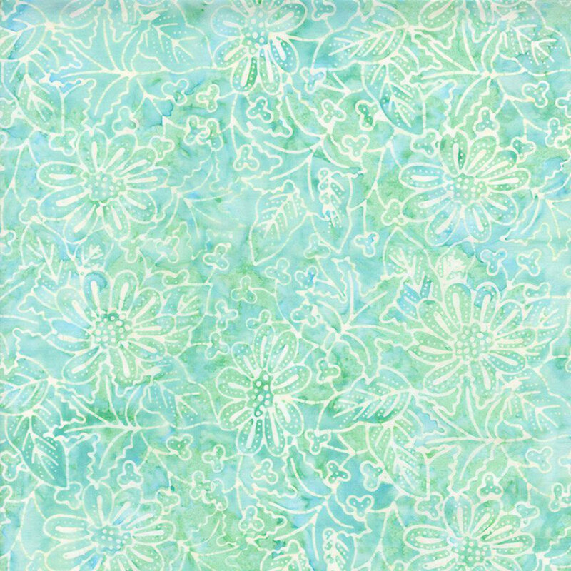 mottled mint green fabric featuring a jumbled assortment of flowers and leaves created with white outlines.