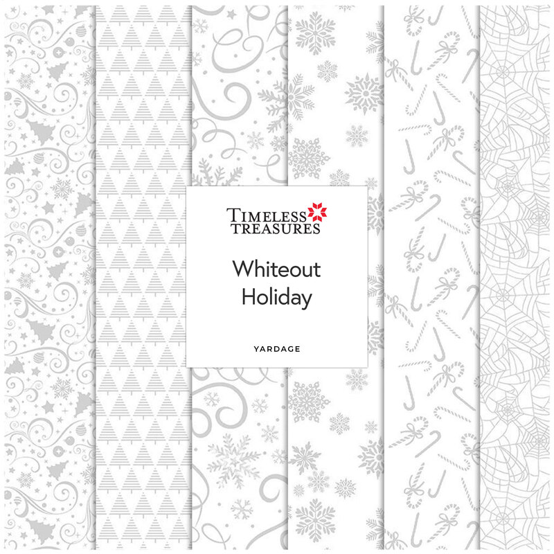 A collage of white-on-white fabrics included in the Whiteout Holiday collection with seasonal themes.