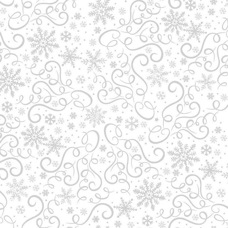 White-on-white fabric featuring snowflakes and swirling lines.