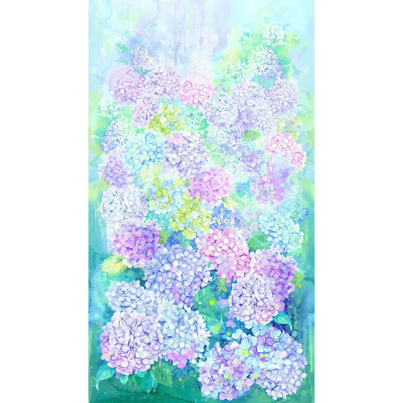 A bright multicolored panel of pink, green, blue, and purple hydrangeas on a watercolor background.