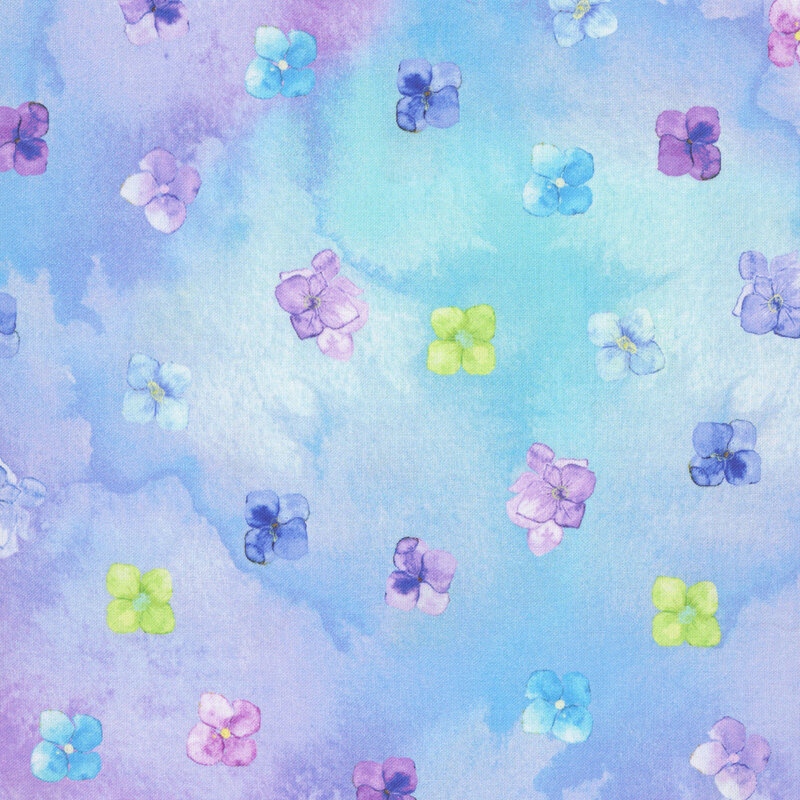 Watercolor purple and aqua mottled fabric with tossed flower heads.