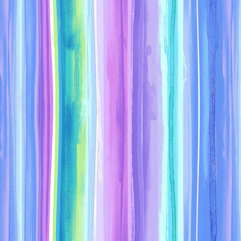 Multicolored fabric with alternating stripes in purple, blue, aqua, green, and teal.