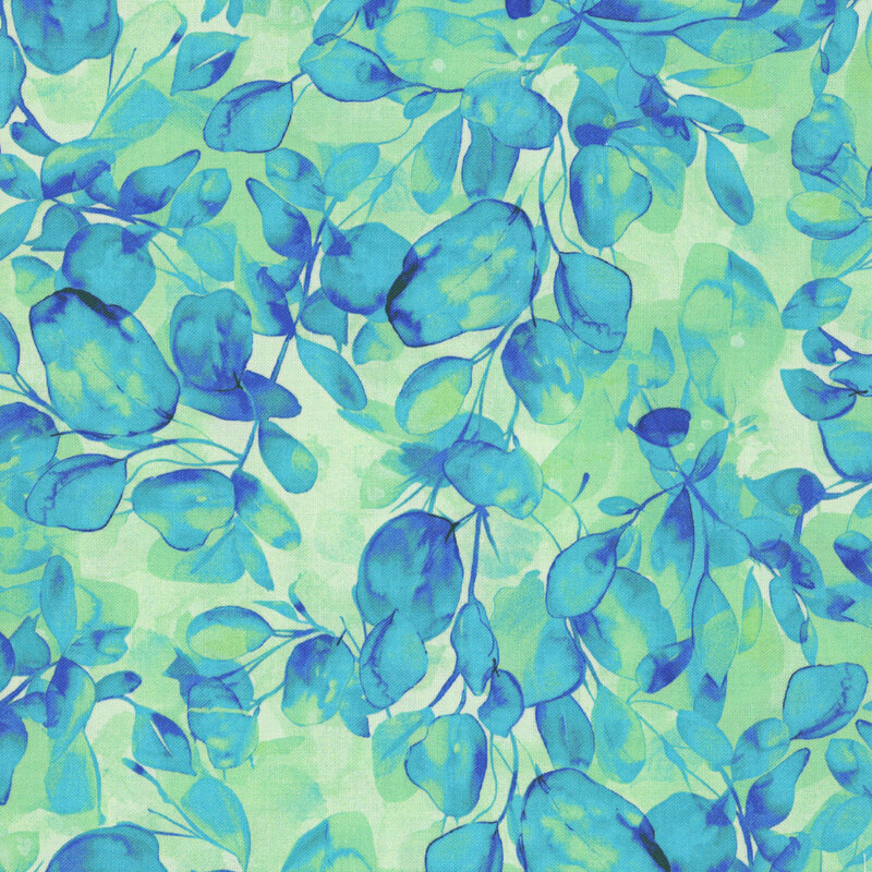 Mottled pistachio green fabric with bright teal leaves.
