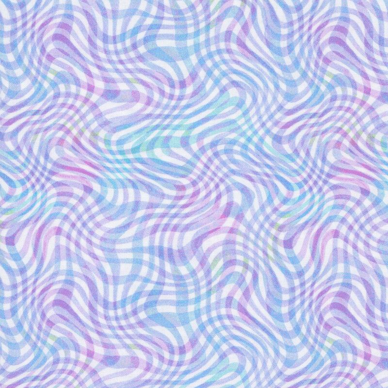 Wavy lines in aqua, lavender, and lilac on a white background.
