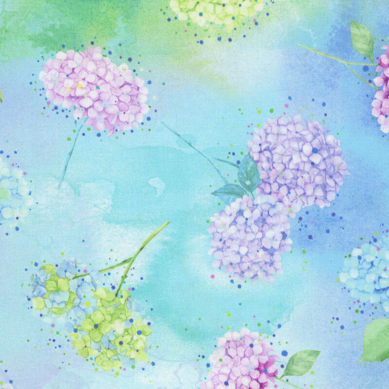 Mottled multicolor fabric with tossed sprigs of hydrangea flowers.
