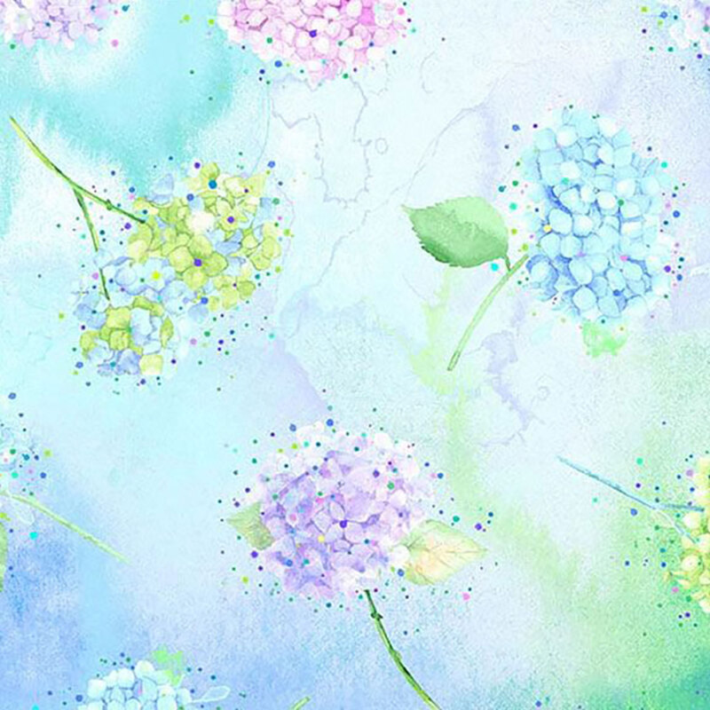 Mottled multicolor fabric with tossed sprigs of hydrangea flowers.
