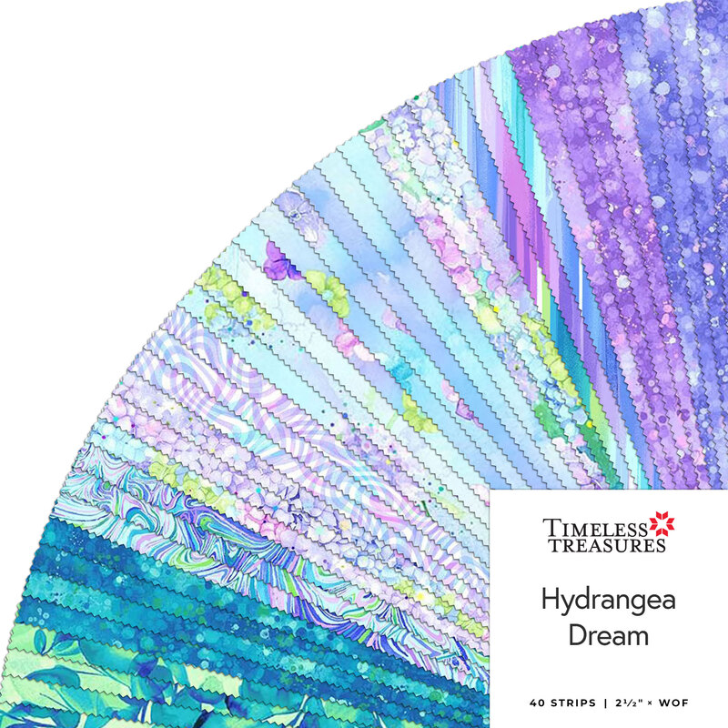 A fanned collage of bright fabrics included in the Hydrangea Dream 2-1/2