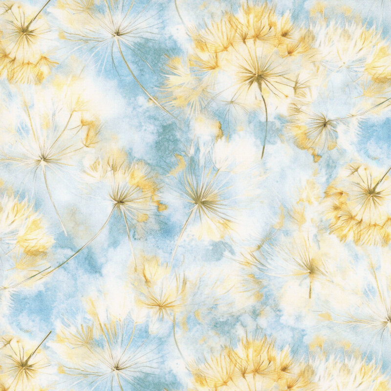 Mottled teal fabric featuring floating dandelion puffs.