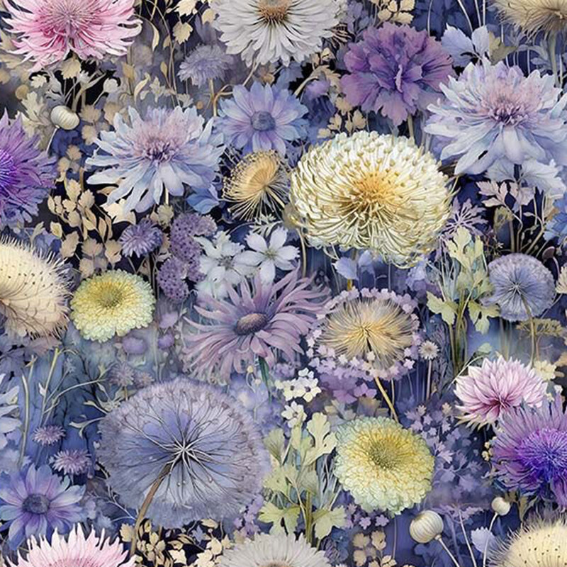 Large blooming wildflowers and leaves on a mottled dark purple background.
