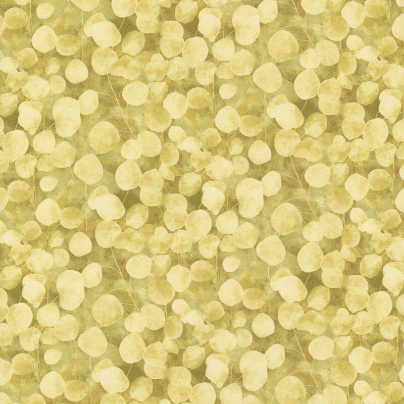 Large, rounded tonal leaves and long thin stems on a golden yellow background.