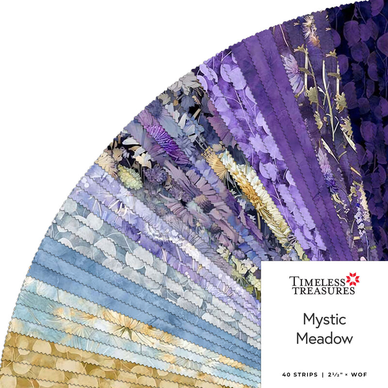 A collage of fabric strips in gold, teal, blue, and purple with wildflowers in a circular display, labeled Mystic Meadow by Timeless Treasures Fabrics.