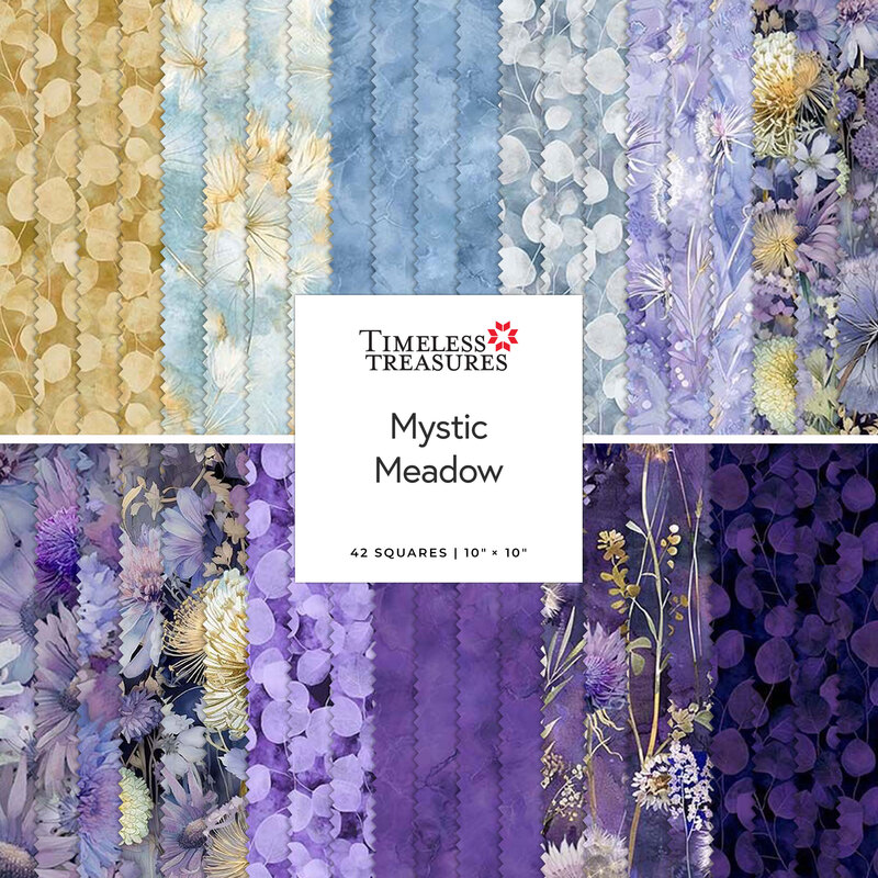 Two rows of patterned fabric in gold, teal, blue, and purple with wildflowers, labeled Mystic Meadow by Timeless Treasures Fabrics.