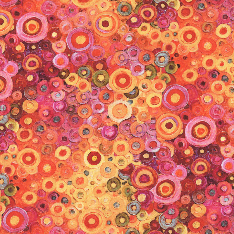 Overlapping multi-colored rings in various hues of yellow, orange, and red.