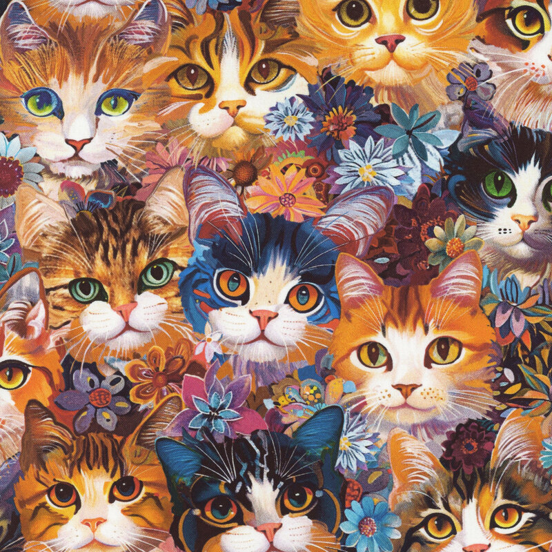 Wide-eyed cats and flowers packed on a black background.