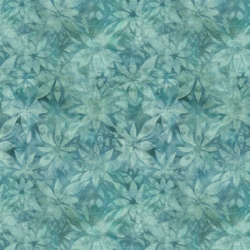 Teal fabric featuring tonal flower silhouettes.