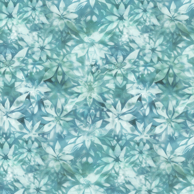 Teal fabric featuring tonal flower silhouettes.