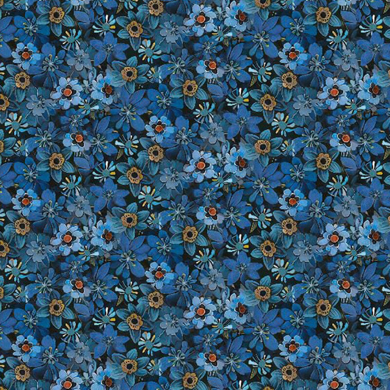 Flowers in various blue hues packed on a black background.
