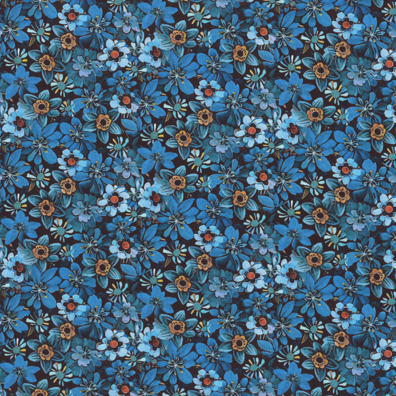 Flowers in various blue hues packed on a black background.