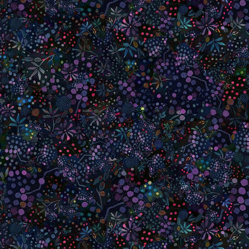 Black fabric featuring deep colors of purple, teal, and red flowers, leaves, and dots