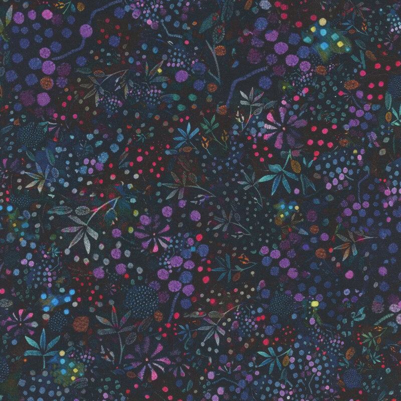Black fabric featuring deep colors of purple, teal, and red flowers, leaves, and dots