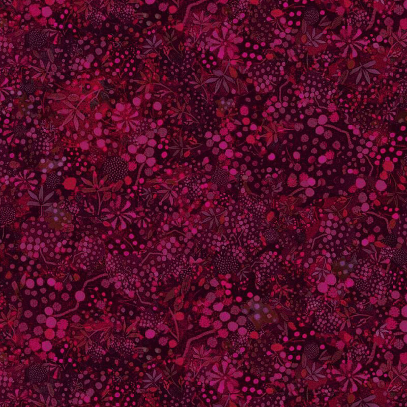 Wine red fabric featuring tonal flowers, leaves, and dots