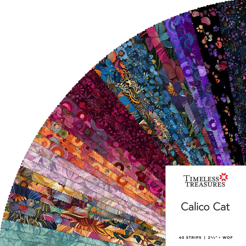 A collage of fabric strips in teal, lavender, orange, pomegranate, and black featuring bohemian florals in a circular display, labeled Calico Cat by Timeless Treasures Fabrics.