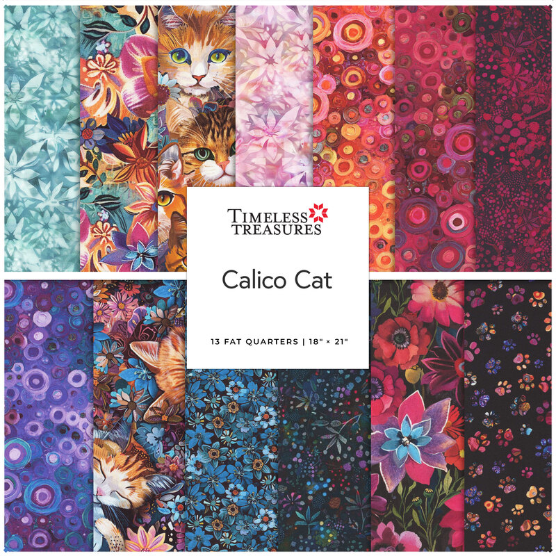 A collage of fabrics included in the Calico Cat collection with teal, lavender, orange, pomegranate, and black bohemian floral fabrics.