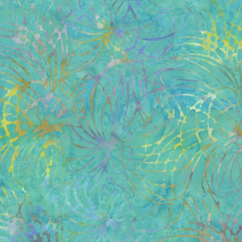 Textured turquoise fabric with an abstract pattern of watercolor purple and lime green lines