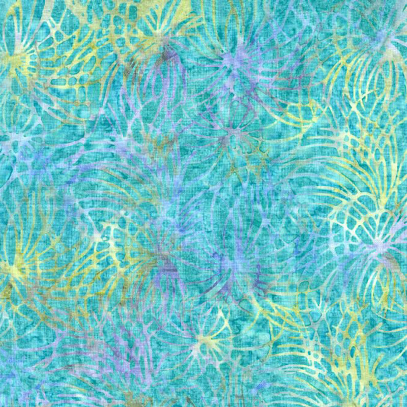 Textured turquoise fabric with an abstract pattern of watercolor purple and lime green lines