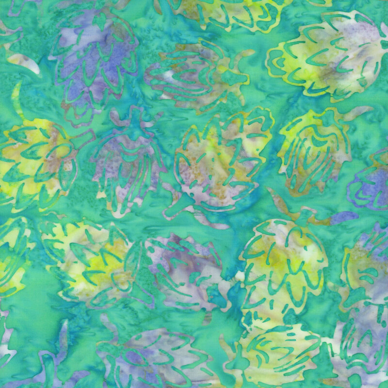 Mottled teal fabric with a purple and chartreuse artichoke pattern