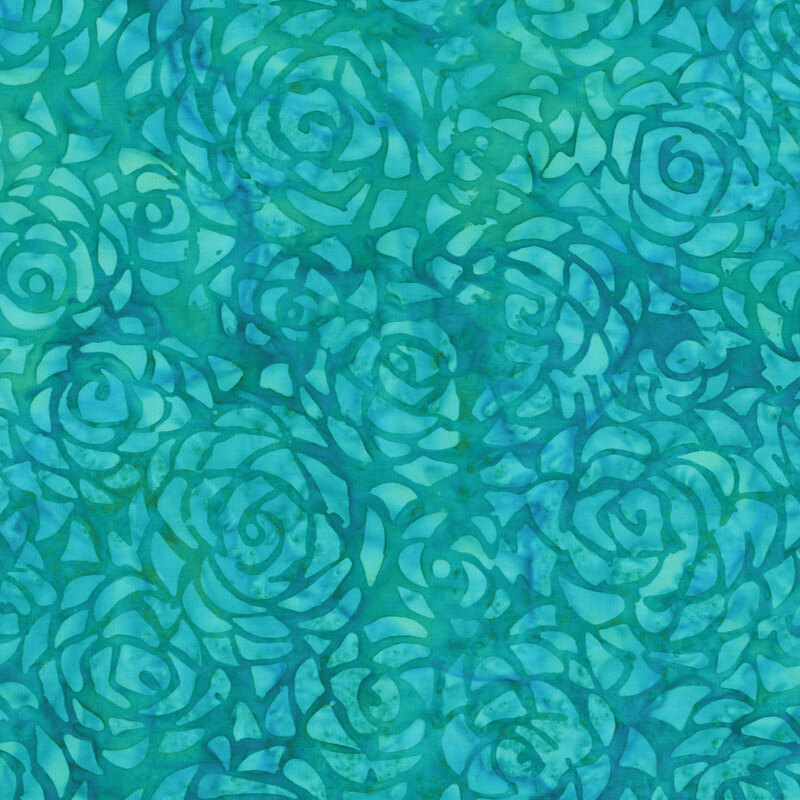 Mottled aquamarine fabric with a tonal design of bright aqua roses 