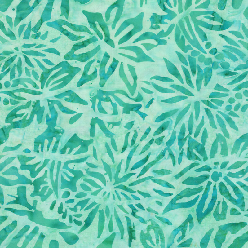 Light aqua fabric with a tonal pattern of tropical florals 