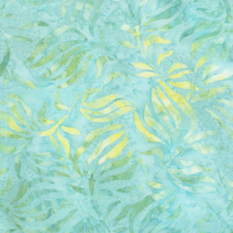 Light aqua fabric with a pattern of turquoise and lime green watercolor palm leaves 