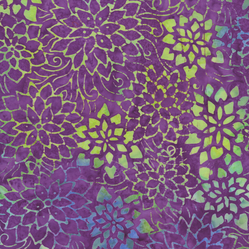 Mottled dark amethyst purple fabric with blue and green dahlia floral pattern