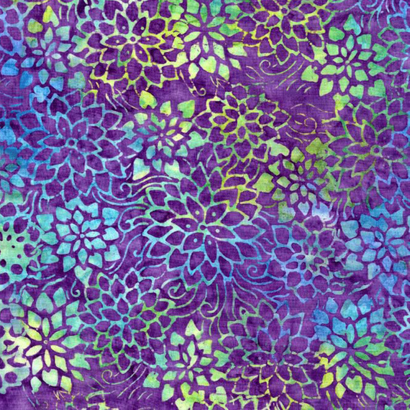 Mottled dark amethyst purple fabric with blue and green dahlia floral pattern