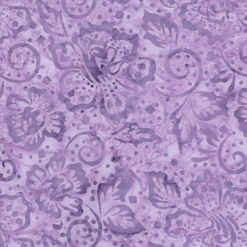 Watercolor amethyst purple fabric with grape purple florals, dots, and swirls