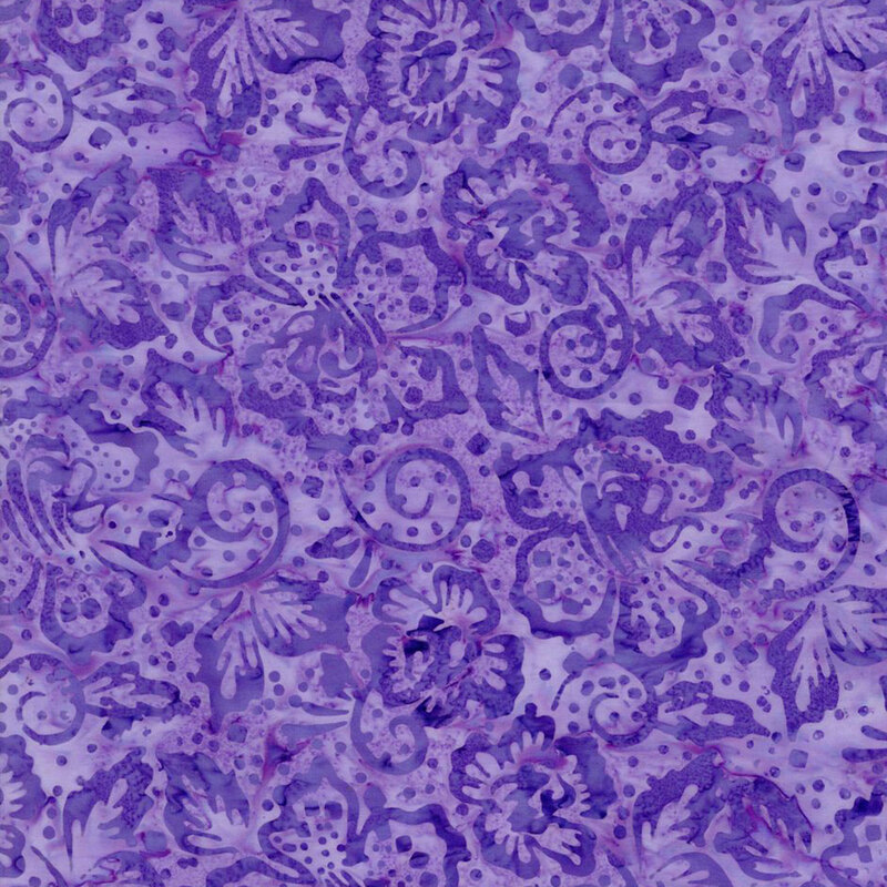 Watercolor amethyst purple fabric with grape purple florals, dots, and swirls